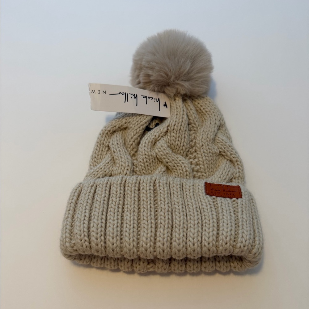 Nicole Miller Knit Pom Beanie Hat Cream Cable Knit New